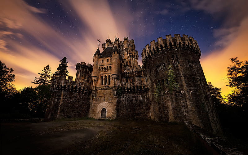 Butron Castle, ancient castle, evening, sunset, forest, landmark, Spain, HD wallpaper