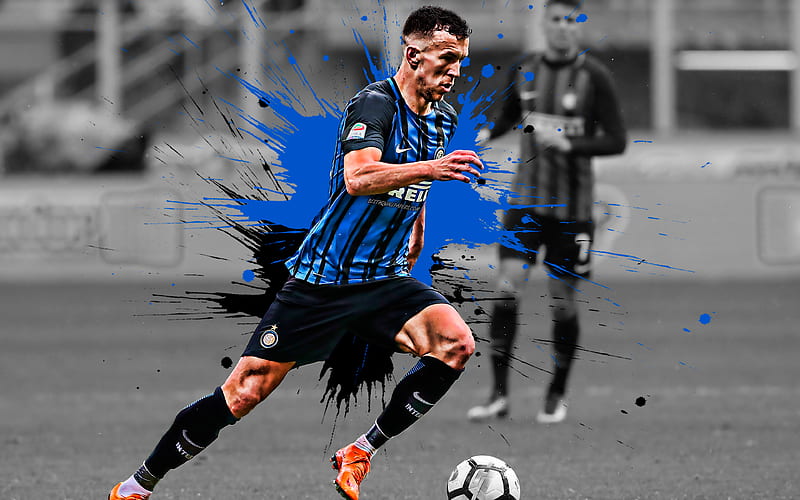 Ivan Perisic Croatian football player, Inter Milan FC, midfielder, black and blue paint splashes, Internazionale FC, creative art, Serie A, Brazil, football, grunge, HD wallpaper