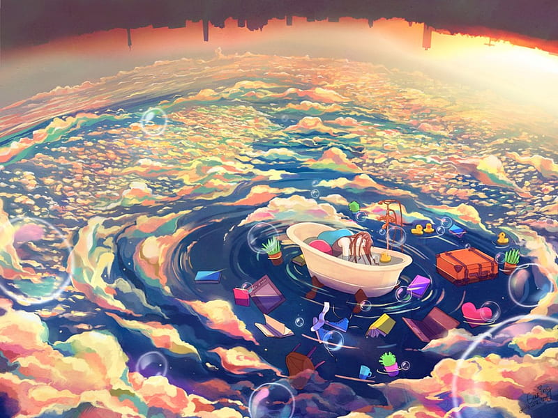 Head In The Clouds, colorful, books, brown hair, ducks, sky, clouds, city, water, girl, bathtub, anime, bubbles, HD wallpaper