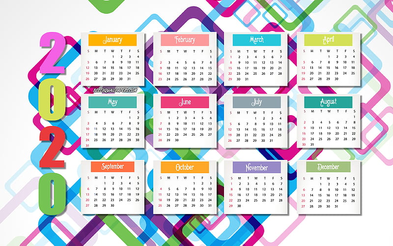 2020 Calendar colorful abstract background, 2020 all months, Calendar for 2020, 2020 abstract calendar, all months, 2020 concepts, HD wallpaper