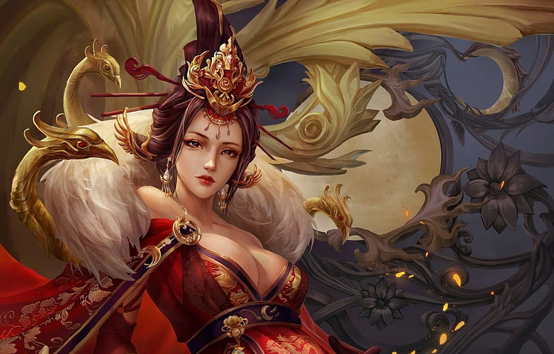 Empress, frumusete, fantasy, bird, luminos, paun, peacock, asian, red, HD wallpaper