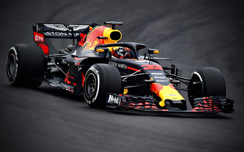 Max Verstappen, close-up, raceway, 2018 cars, F1, Formula 1, HALO, Aston Martin Red Bull Racing, RB14, Verstappen, Formula One, Red Bull Racing RB14, HD wallpaper