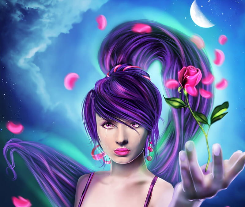 Magical rose, fantasy, purple, luminos, girl, rose, hand, pink, blue, HD wallpaper