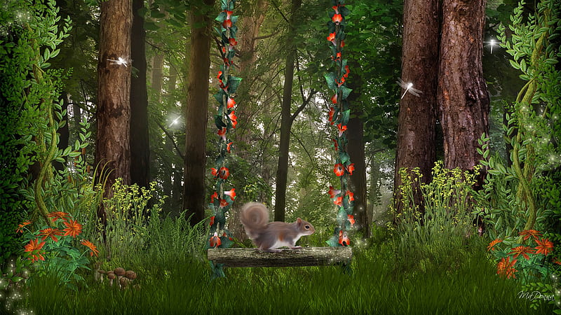 Swing in the Forest, toadstools, forest, squirrel, grass, firefox persona, trees, green, dragonflies, flowers, mushrooms, HD wallpaper