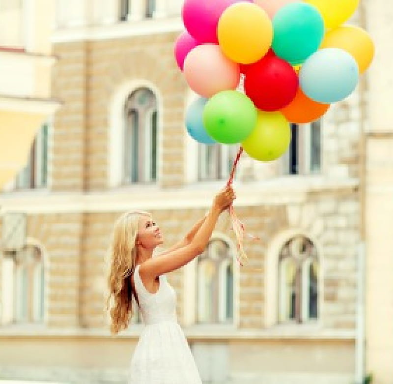 Happy, girl, street, balloons, HD wallpaper