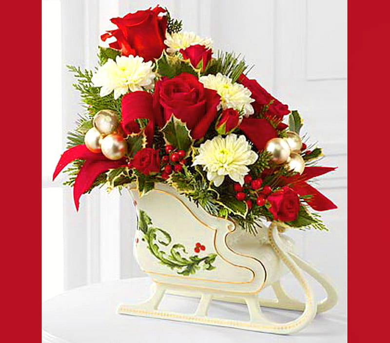 Christmas delivery, sleigh, red, christmas, flowers, roses, carnations, cream, HD wallpaper