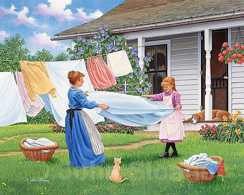 One-Two-Three, washing, house, girl, painting, garden, woman, artwork, HD wallpaper