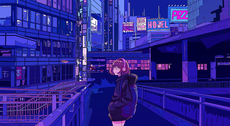 girl, headphones, city, anime, art, cartoon, HD wallpaper