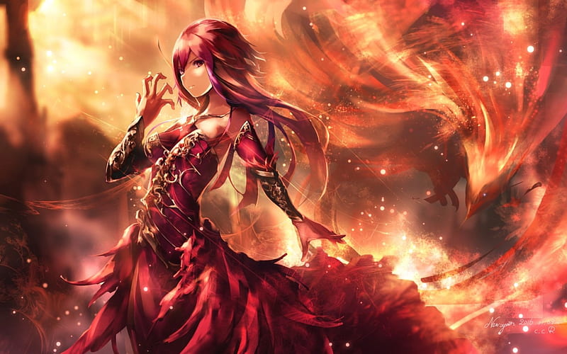 Anime Girl In Red And On Fire Hd Wallpaper Background, Hot Anime