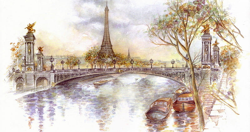 Spring Time in Paris, boats, water, tower, drawing, seine, paris, eiffel, HD wallpaper