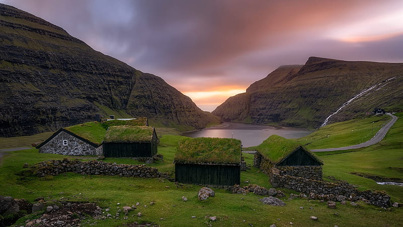 Grass on the Roof,Faroe Islands-Denmark, houses, roof, grasses, bays, mountains, village, nature, HD wallpaper