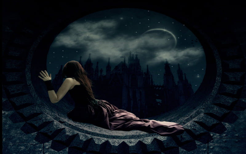 WAITING FOR A FULL MOON, Purple, Black Darkness, Fantasy, Castle, Moon, Gothic, Night, HD wallpaper