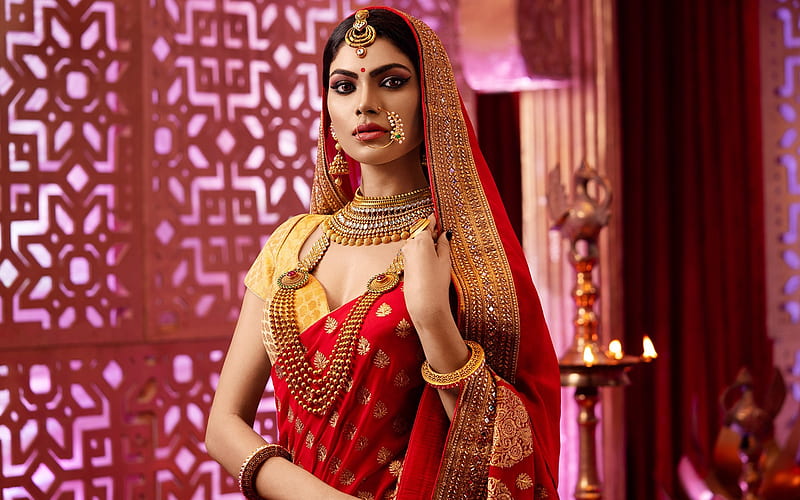 Lopamudra Raut, Indian fashion model, Bollywood, Indian sari, red traditional dress, Indian actress, HD wallpaper