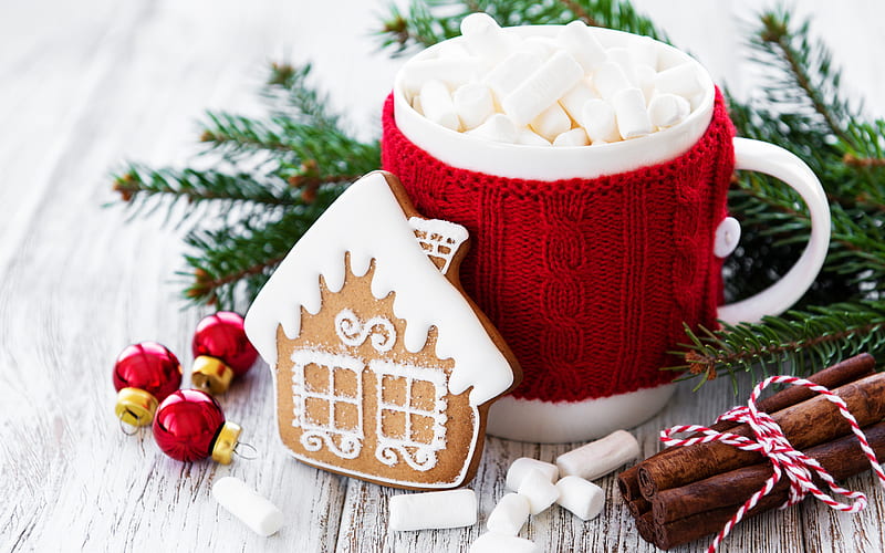 Merry Christmas, red knitted cup, Christmas cookies, Happy New Year, cinnamon, marshmallows, sweets, HD wallpaper