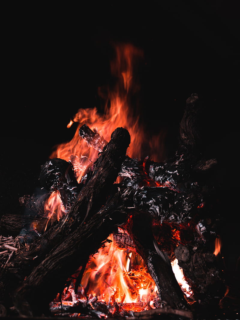 bonfire, fire, firewood, embers, dark, HD phone wallpaper