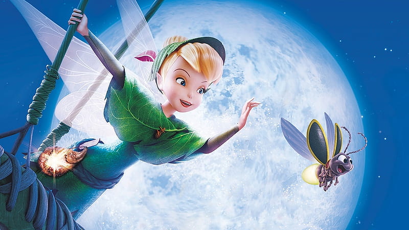 Tinker Bell and the Lost Treasure (Video 2009), poster, moon, luminos, movie, firefly, tinker bell, cute, fantasy, moon, green, fairy, disney, blue, HD wallpaper
