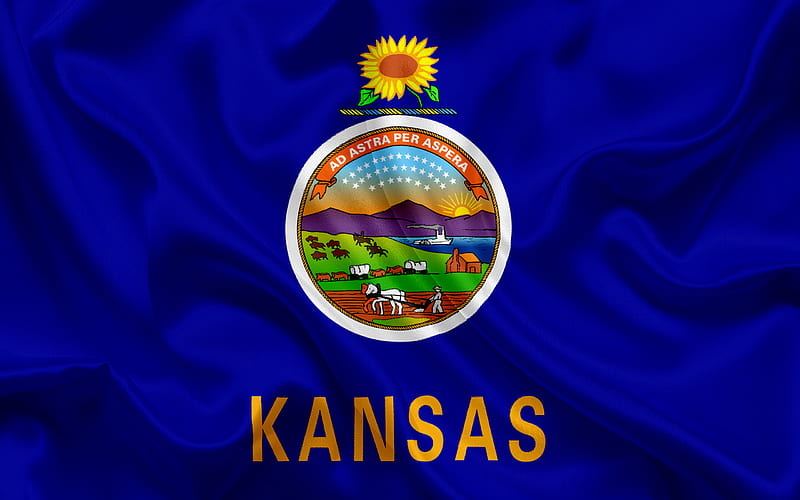 Kansas Flag, flags of States, flag State of Kansas, USA, state Kansas, blue silk flag, Kansas coat of arms, HD wallpaper