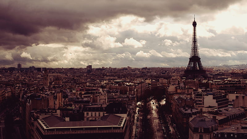 Paris Eiffel Tower On Side On Cityscape Of France With Background Of Clouds Travel, HD wallpaper