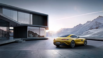 Yellow Mercedes Benz Amg GT 2019, mercedes-amg-gtr, mercedes, carros, behance, cgi, HD wallpaper