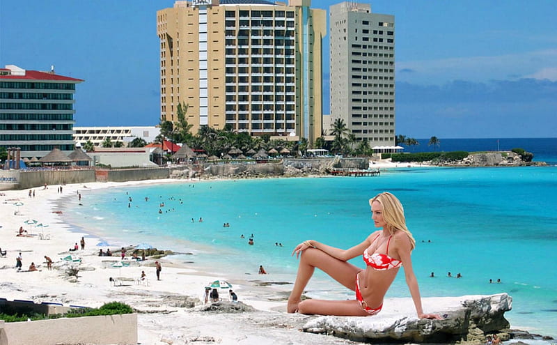 Giantess Candice Swanepoel on Cancun Beach, Mexico, Model, beach, Bikini, Blonde, HD wallpaper