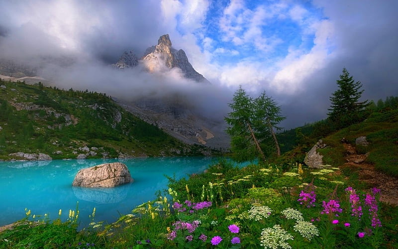 Spring In The Mountains, grass, Italy, turquoise water, bonito, spring, trees, clouds, lake, Dolomites, mountains, flowers, sunrise, HD wallpaper