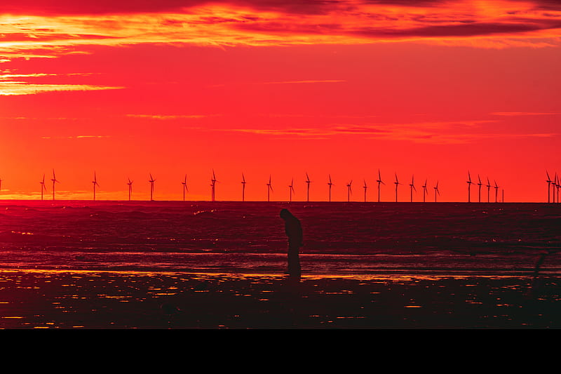 silhouette, wind turbines, sunset, horizon, red, HD wallpaper