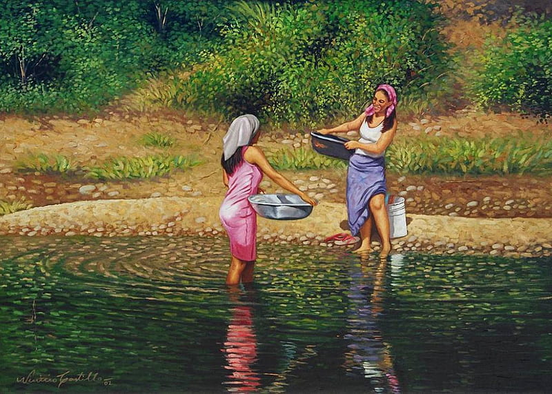 Lavanderas, by Vinicio Castillo, art, wash, painting vinicio castillo, people, river, woman, HD wallpaper
