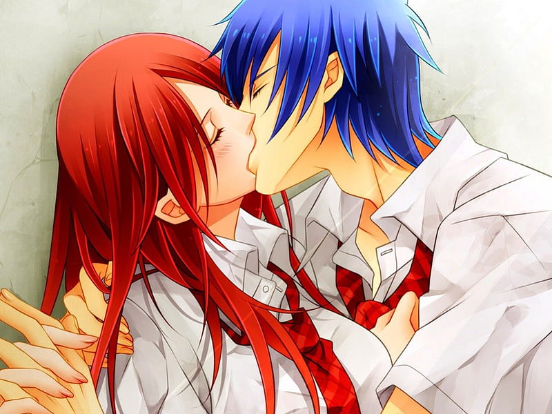 Download Anime Couple Kiss Blue Haired Wallpaper