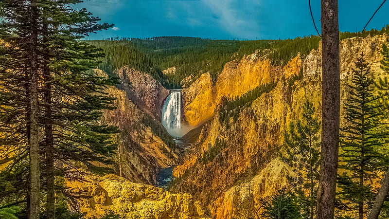 USA Waterfall Between Yellowstone Mountain Landscape Nature, HD wallpaper