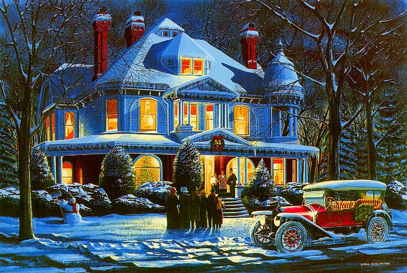 Carolers, night, winter, craciun, car, house, people, retro, light, christmas, iarna, vintage, mansion, HD wallpaper