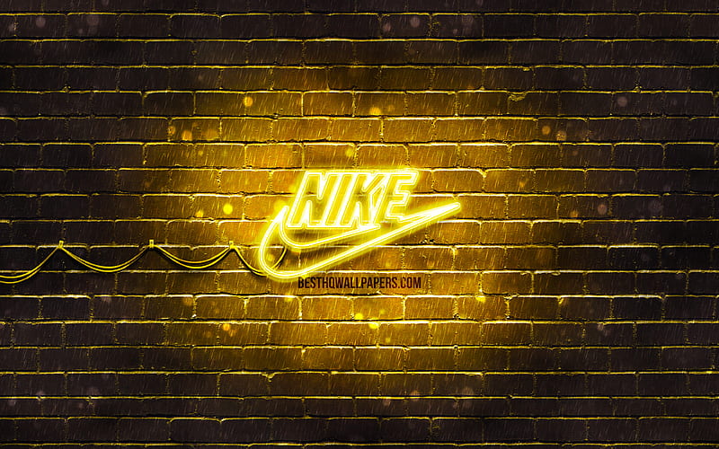 Nike yellow logo yellow brickwall, Nike logo, sports brands, Nike neon logo, Nike, HD wallpaper