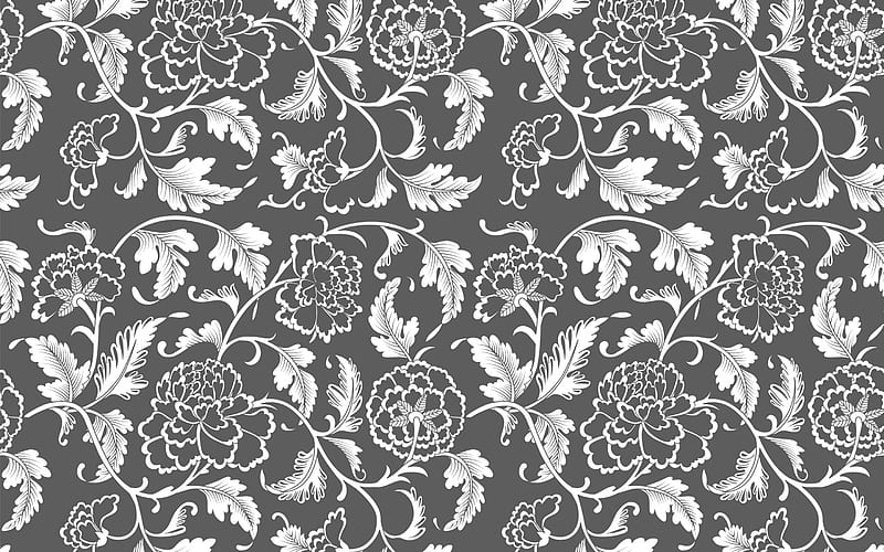 gray background with floral ornaments, vintage patterns, retro floral texture, vintage retro texture, HD wallpaper