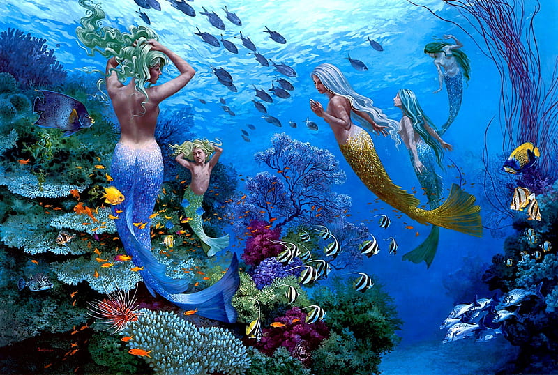 Mermaids, underwater, luminos, fish, mermaid, sirena, sea, fantasy, girl, painting, summer, wil cormier, pictura, blue, HD wallpaper