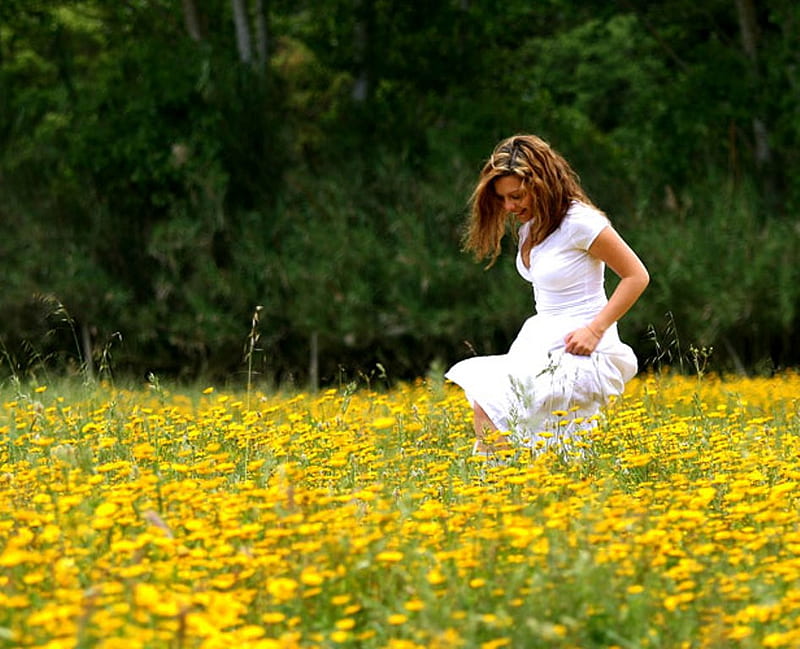 Enjoy the day, forest, sunny day, yellow, girl, green, yellow flowers, summer, flowers, nature, white dress, lady, field, beautiful lady, HD wallpaper