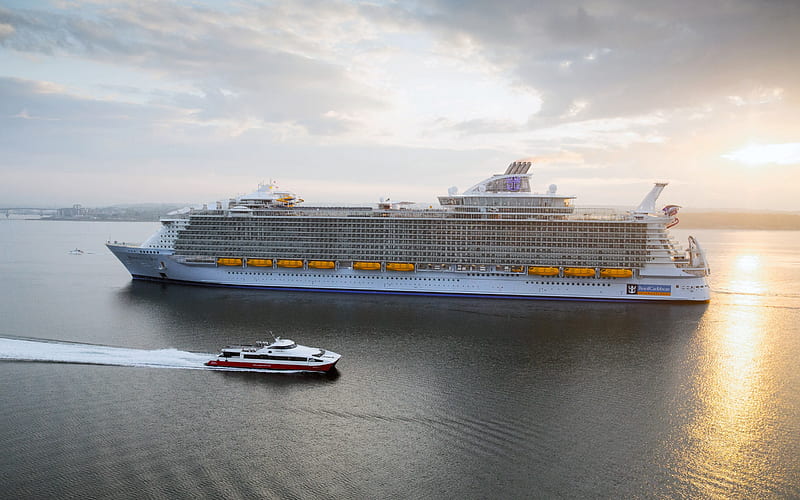 Harmony of The Seas, cruise liner, sea, sunset, passenger liner, luxury ship, HD wallpaper