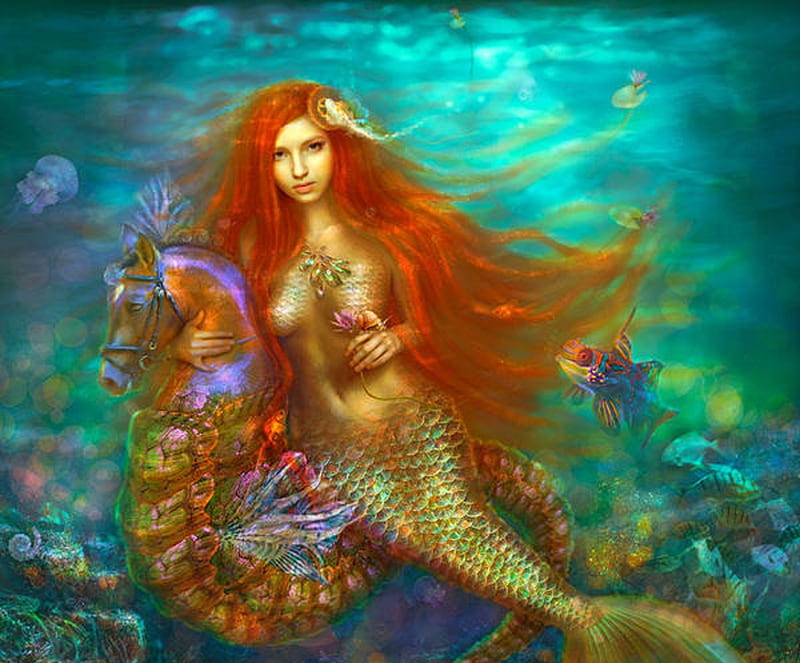 Mermaid and seahorse, poglazovs, fish, orange, redhead, luminos, mermaid, sea, vara, water, fantasy, seahorse, girl, summer, siren, blue, HD wallpaper