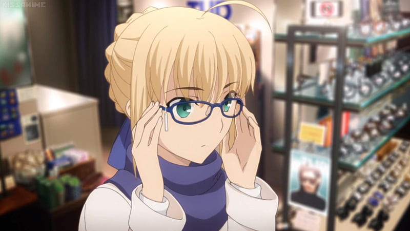 Spectacles, saber, shop, blond cg, green eyes, glasses, adorable, pendragon, arturia pendragon, arturia, fate stay night, anime, anime girl, female, blonde, blonde hair, blond hair, cute, kawaii, girl, scarf, HD wallpaper