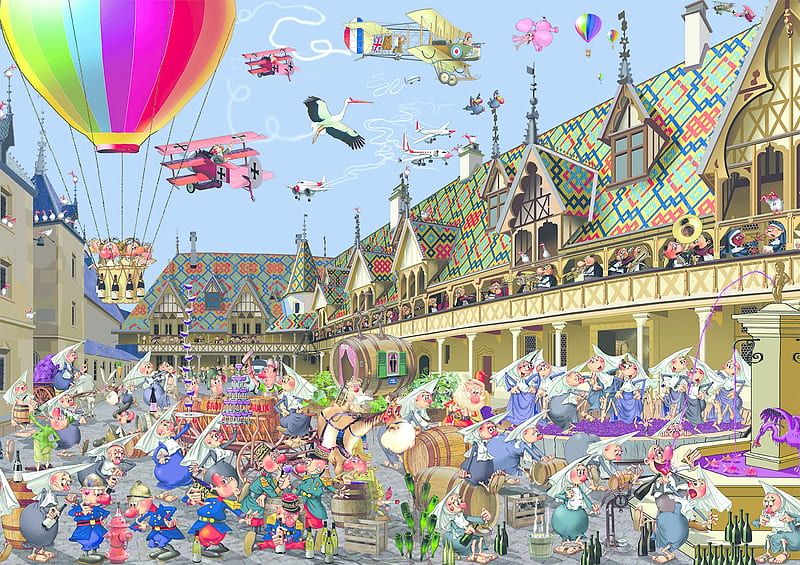 Floating around, art, francois ruyer, fantasy, hot air balloon, people, beaune, auction, pink, HD wallpaper