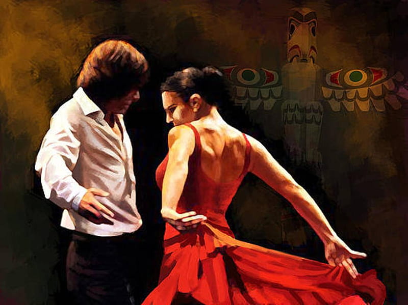 Flamenco Dancers.... Latin American...Oil Painting, Paintings, Music, Latin american, Dress, Red, Spanish, Art, Dancers, HD wallpaper
