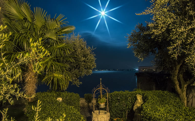 Sirmione Lombardy at Night,Italy, shore, moon, nature, palm, trees, coast, night, italy, HD wallpaper