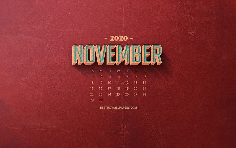 2020 November Calendar, red retro background, 2020 autumn calendars, November 2020 Calendar, retro art, 2020 calendars, November, HD wallpaper