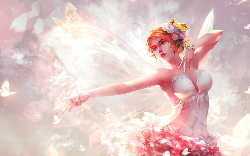 Light dance, art, wings, luminos, redhead, fantasy, girl, antilous, pink, fairy, HD wallpaper