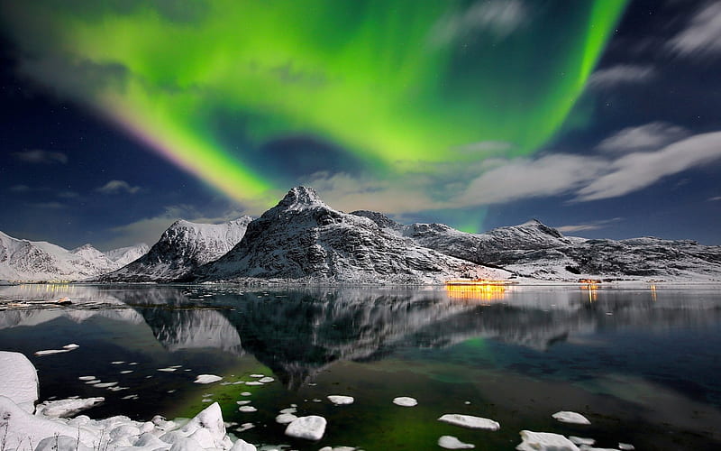 aurora borealis, mountains, north, snow, night sky, Norway, HD wallpaper