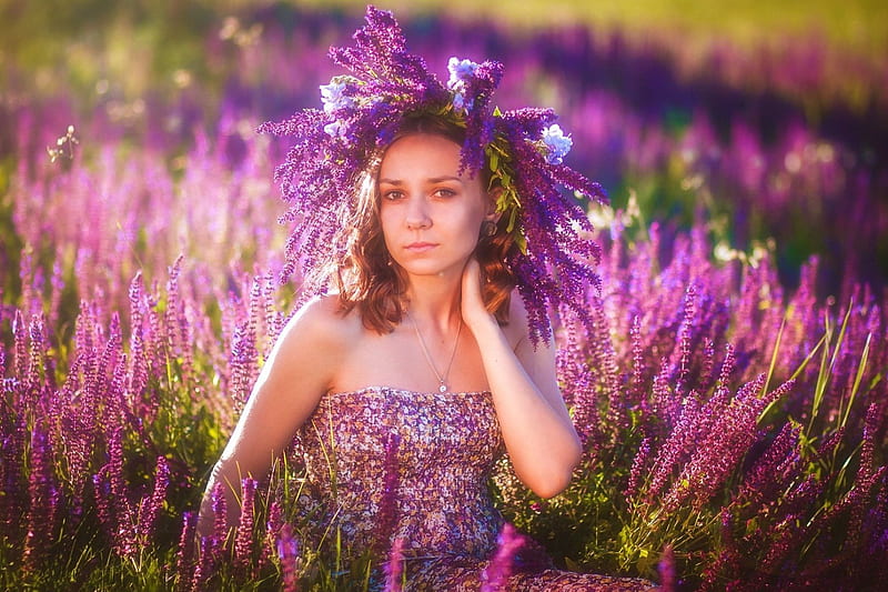 Lavender Girl, blossoms, purple, woman, field, HD wallpaper