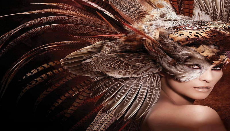 hawk girl, headdress, girl, covering, feathers, HD wallpaper