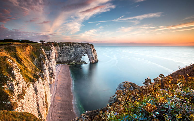 Etretat, Le Havre, cliffs, coast, evening, sunset, ocean, Normandie, France, Seine-Maritime department, HD wallpaper