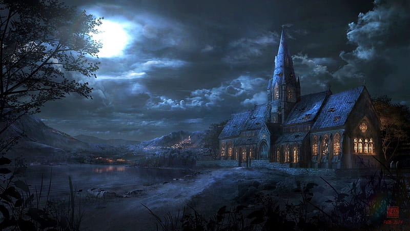 Church at the Lake, building, windows, dark, moonlight, clouds, artwork, night, light, HD wallpaper