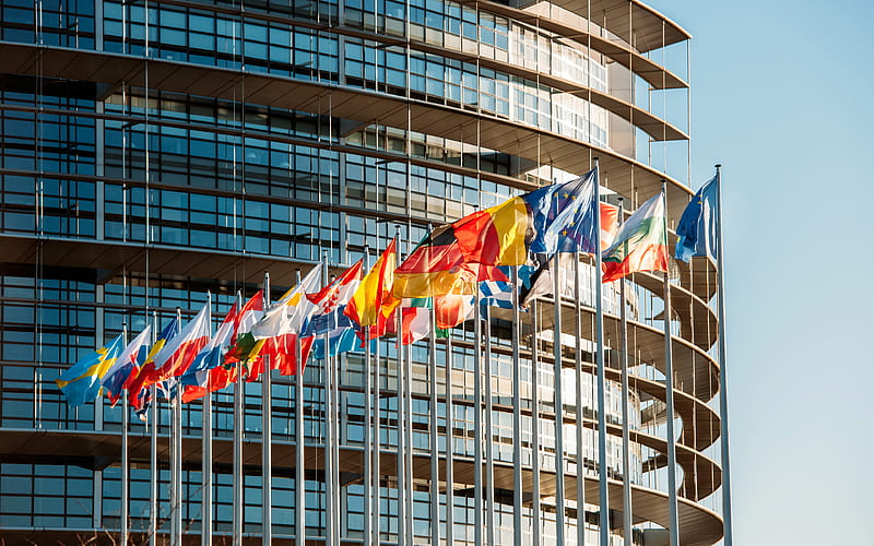 European Parliament building Brussels, Belgium, European Union, flags of the EU countries, modern buildings, European Parliament, HD wallpaper