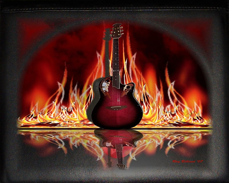 Flamin-Guitar-Reflection, red, flames, HD wallpaper