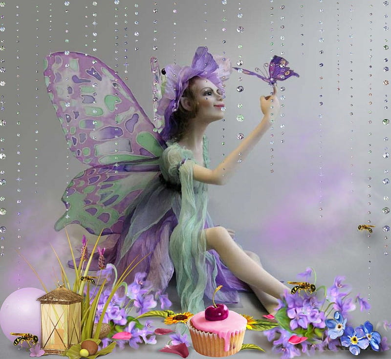 Spring Fairy, lilac, buterfly, flower, spring, fairy, HD wallpaper